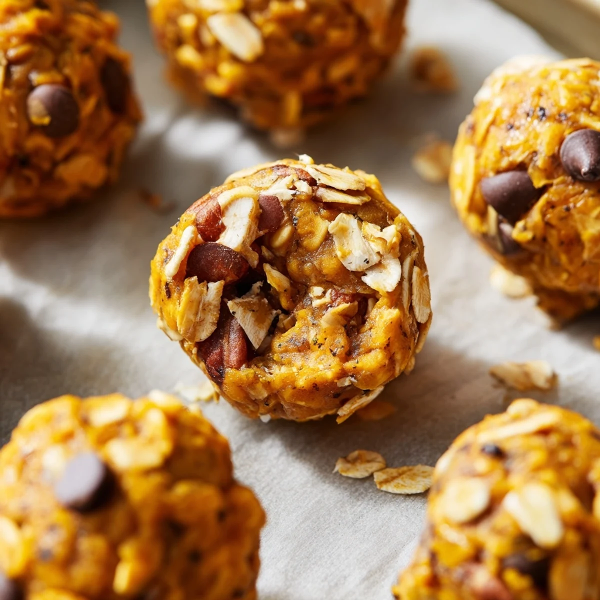 A close-up of No Bake High Protein Pumpkin Bites rolled in chopped pecans, perfect for a healthy post-workout treat.