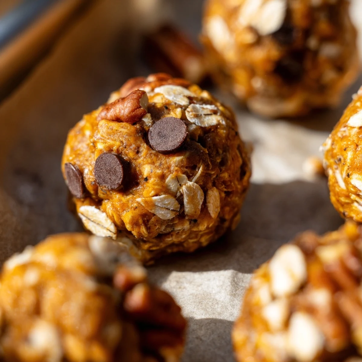 Stack of three No Bake High Protein Pumpkin Bites with mini chocolate chips, ideal for an autumn snack.