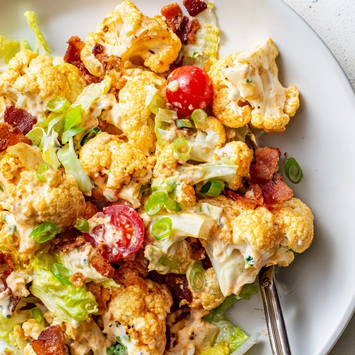 Golden roasted cauliflower florets tossed with crispy bacon bits, juicy halved tomatoes, and creamy dressing in BLT Cauliflower Salad.