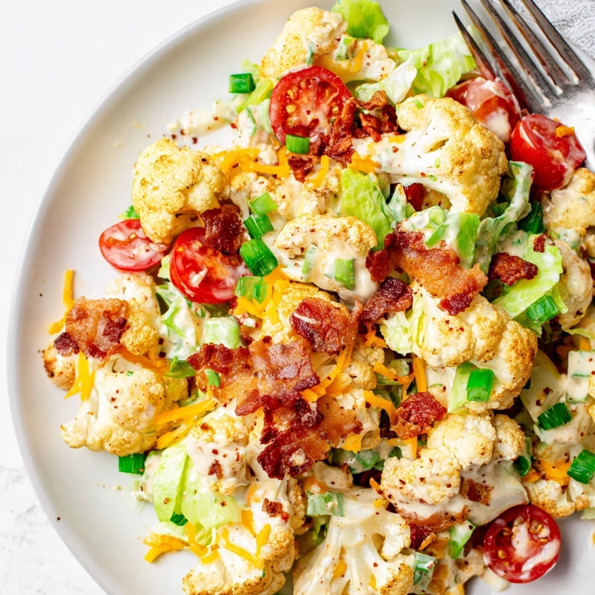 Serving suggestion of BLT Cauliflower Salad in a clear glass bowl, fresh romaine lettuce and green onions visible.