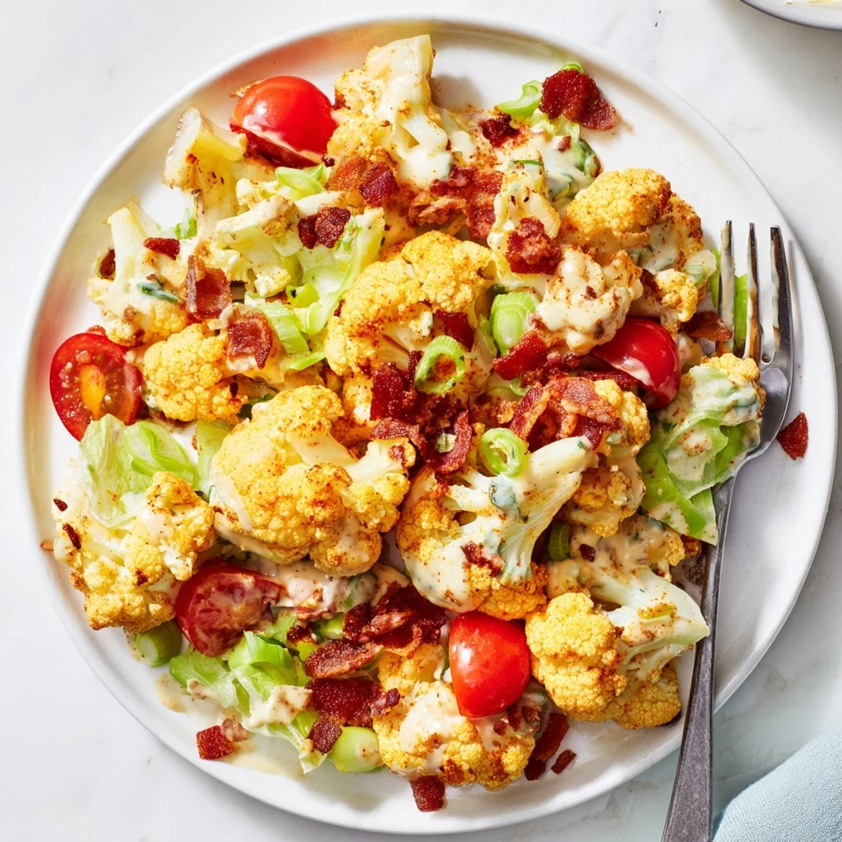 Close-up view of BLT Cauliflower Salad, showcasing golden cauliflower, crumbled bacon, and bright red cherry tomatoes on a plate.