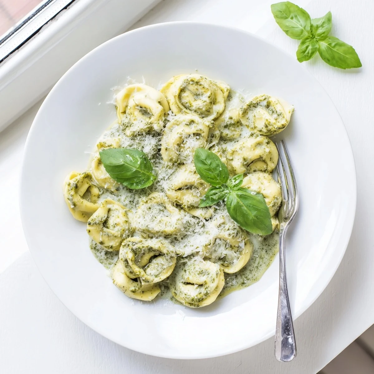 Close-up of Pesto Alfredo Tortellini, cheesy tortellini coated in a vibrant green basil Alfredo sauce ready to serve.