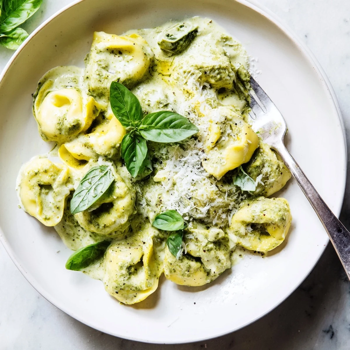 Steaming bowl of Pesto Alfredo Tortellini with grated Parmesan and a glass of Pinot Grigio beside it on a table.