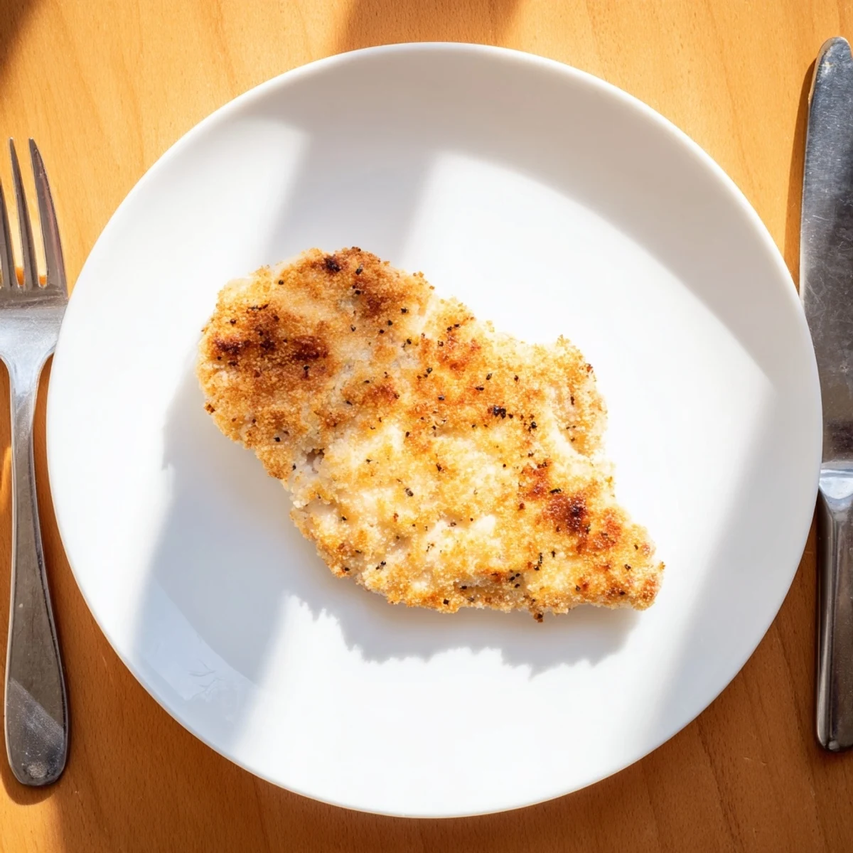 Golden-brown Air Fryer Parmesan Crusted Chicken breasts rest on a rustic wooden board, showcasing a crispy, savory crust.