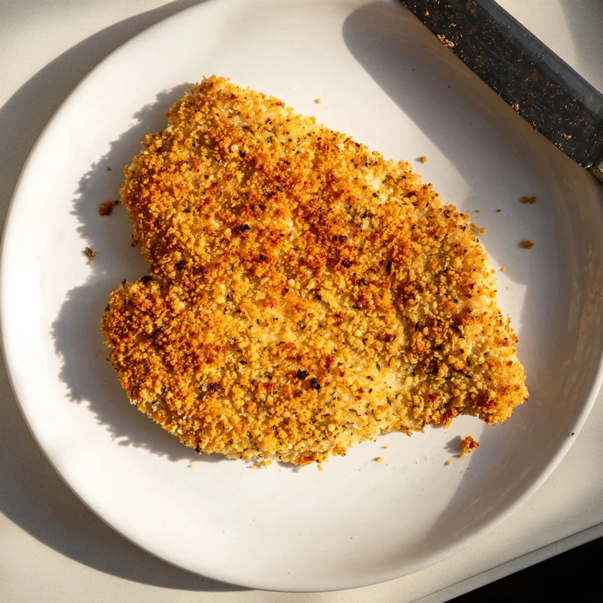 Juicy sliced Air Fryer Parmesan Crusted Chicken reveals tender meat inside a crunchy, cheesy coating ready to be enjoyed.