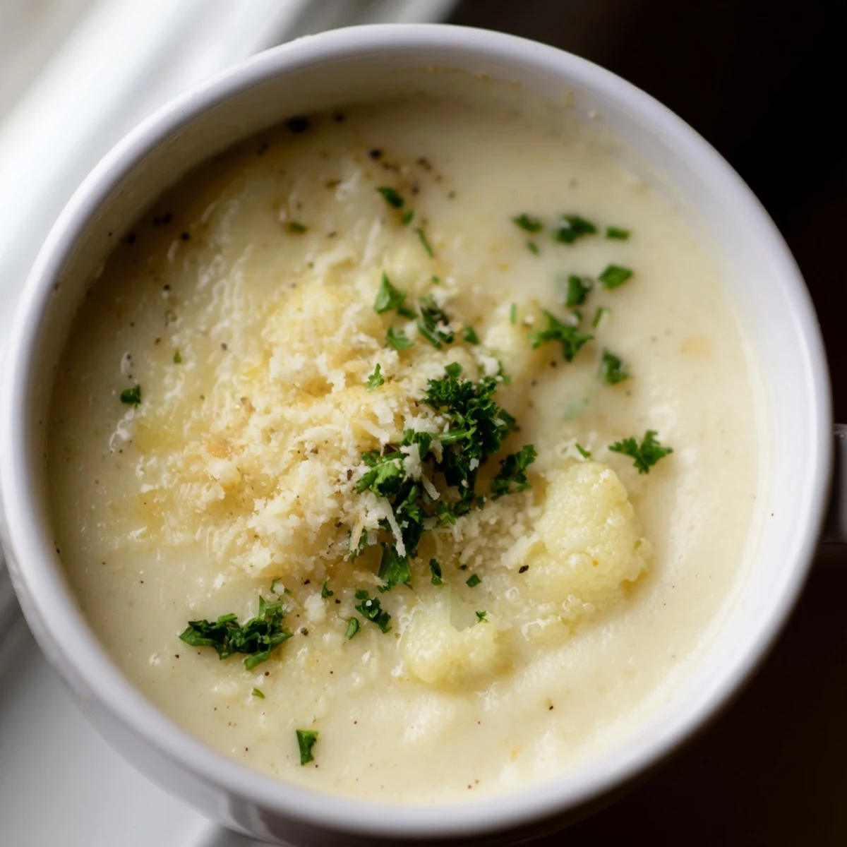 Creamy Asiago Roasted Garlic Cauliflower Soup served in a rustic white bowl, garnished with fresh chives.