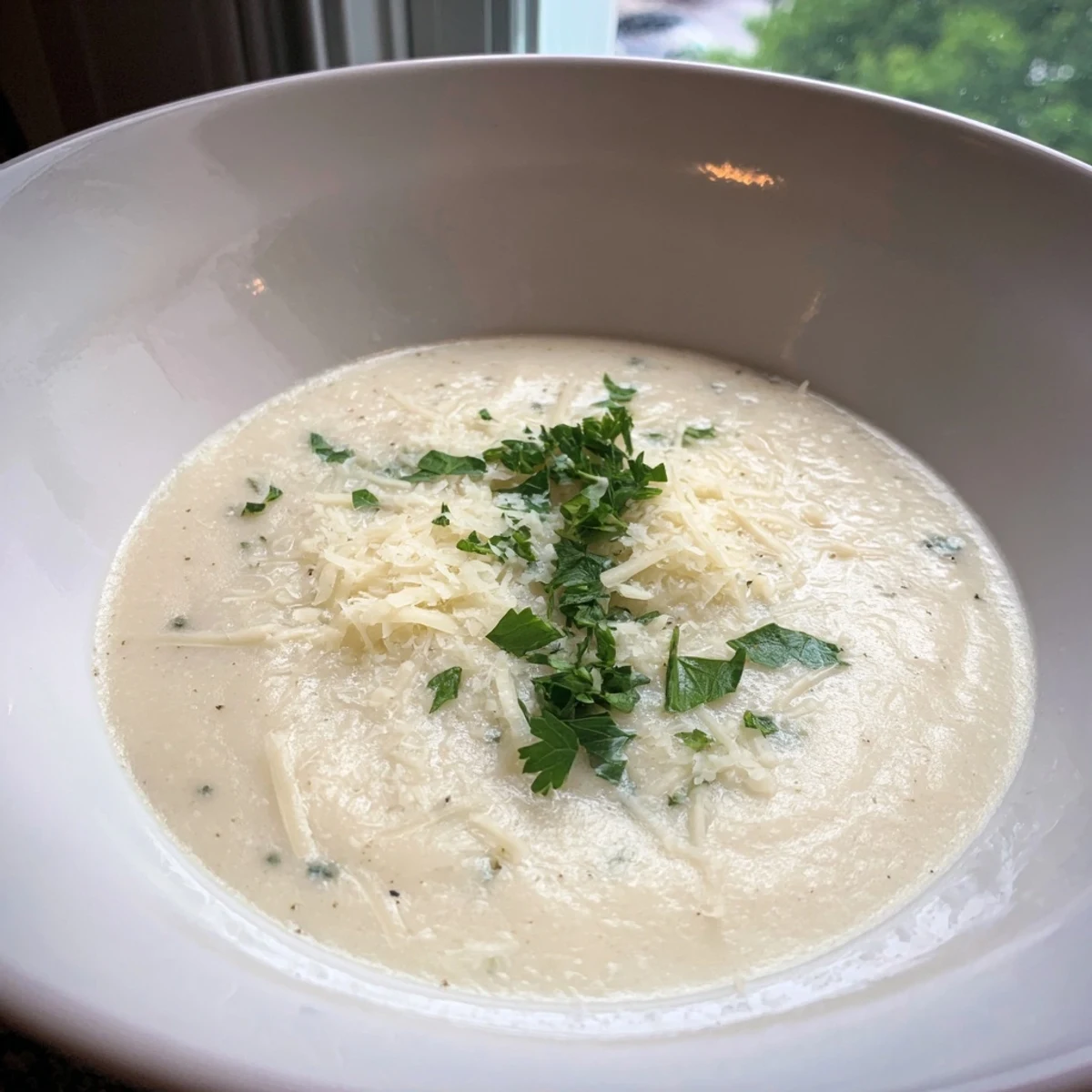 Roasted cauliflower florets and golden garlic bulbs rest alongside the creamy Asiago Roasted Garlic Cauliflower Soup.