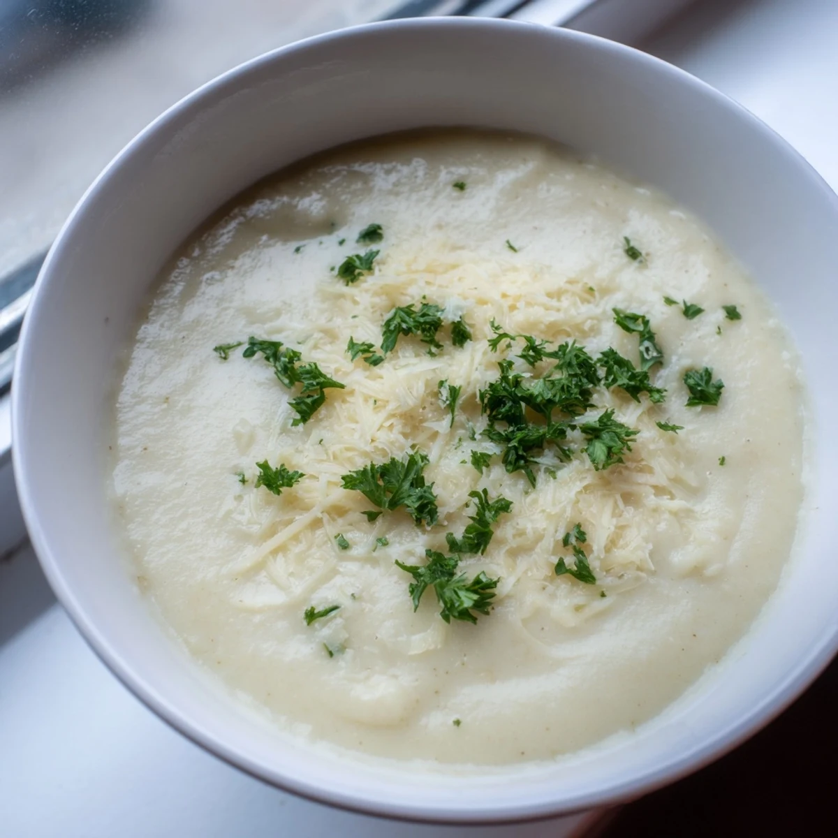 A steaming bowl of Asiago Roasted Garlic Cauliflower Soup with crusty bread on the side for dipping.