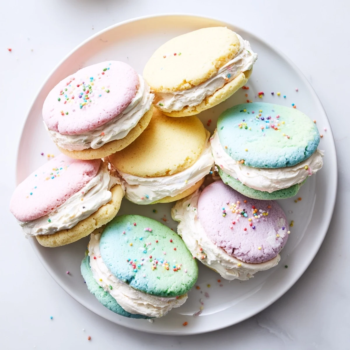 Vibrant pastel sugar cookie sandwiches with creamy vanilla buttercream filling, perfect for Easter celebrations on a festive platter.