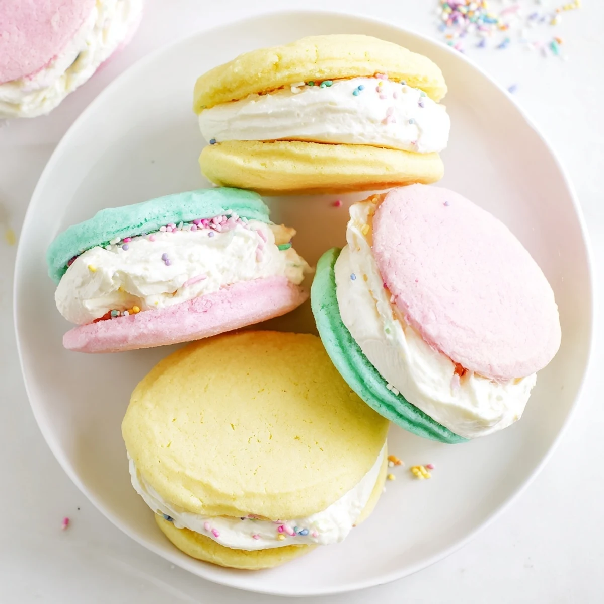 Soft, chewy pastel sugar cookie sandwiches paired with smooth buttercream, ideal for springtime gatherings and tea parties.