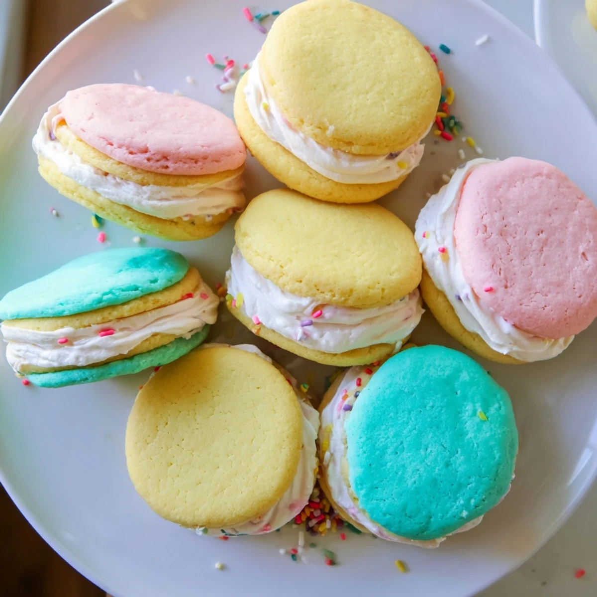 Colorful pastel sugar cookie sandwiches stacked on a tray, showcasing vibrant hues and a delightful sweet vanilla aroma.