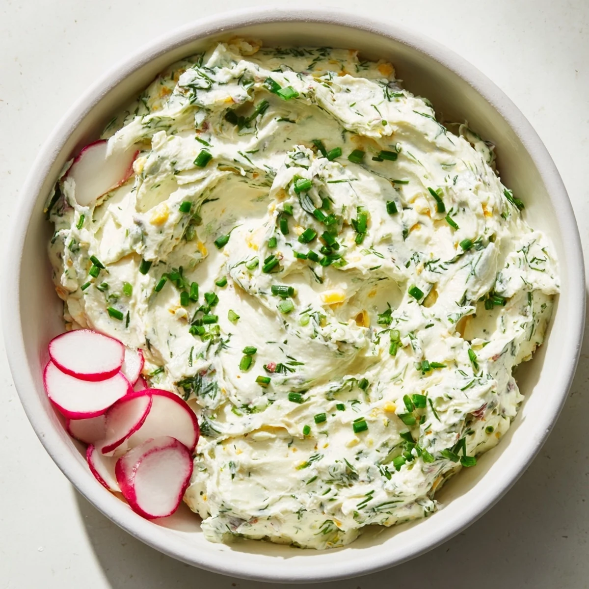 A vibrant spring gathering setting with the Simple Easter Herb Cheese Dip as a centerpiece among bread and veggies.