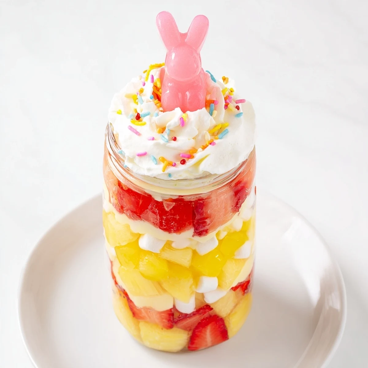 Spring dessert in a glass shows colorful strawberry and lemon jello pieces beside juicy pineapple and strawberries.