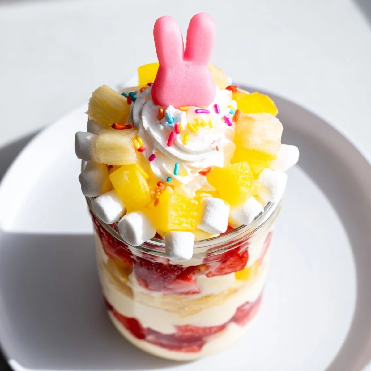 Jello Pie Easter Bunny Parfait In A Jar layers creamy gelatin cubes and fresh fruit topped with a marshmallow bunny.