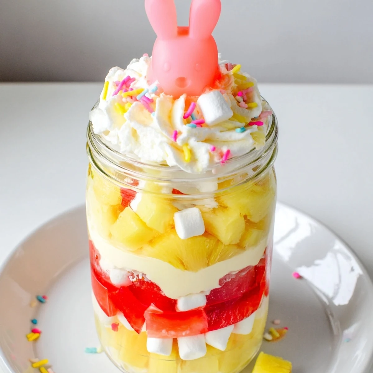 Finished with whipped cream and pastel sprinkles, this Easter treat is ready to serve chilled in jars.