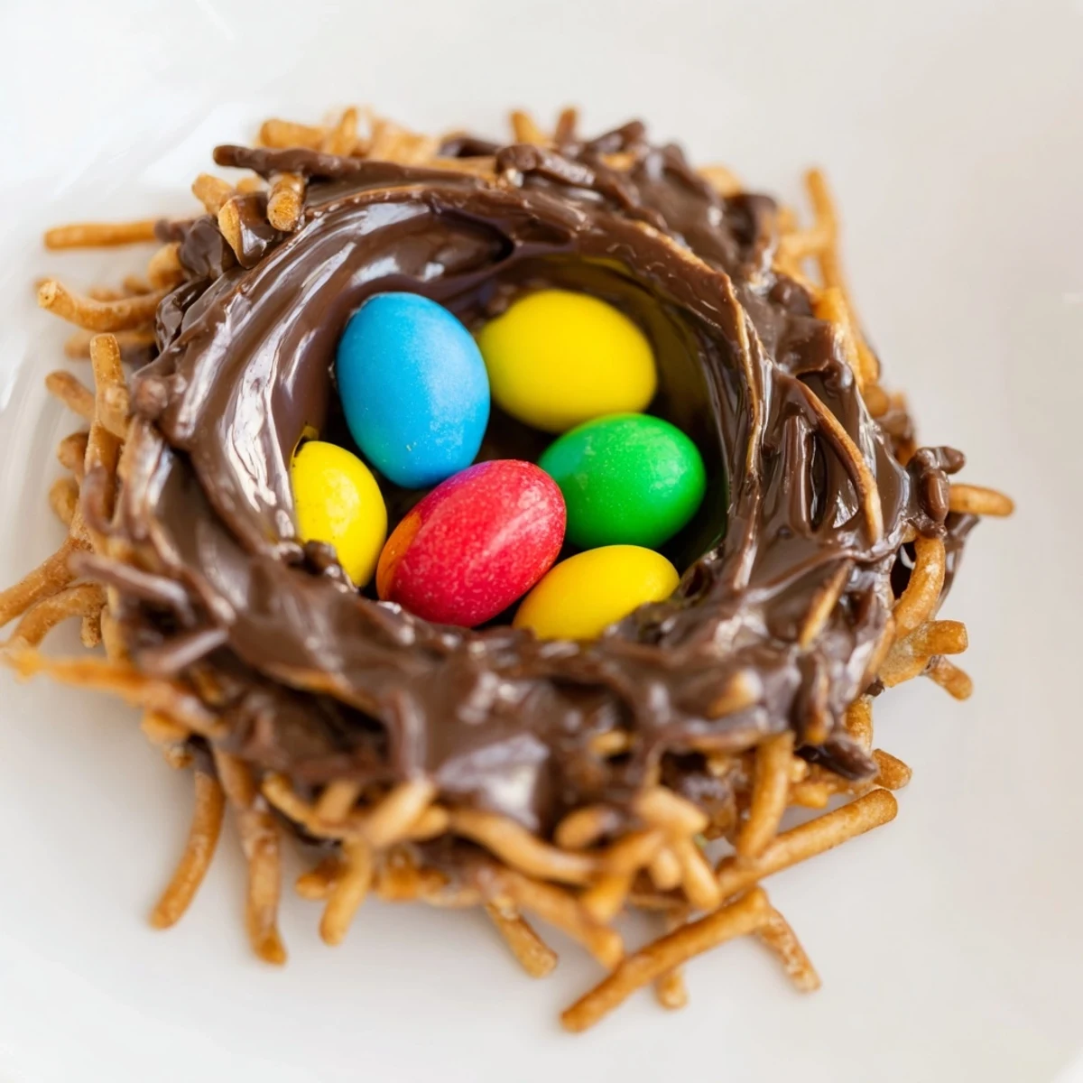 Stylized overhead shot of Easter Birds Nest Cookies with Peanut Butter and Chocolate arranged on a pastel platter with eggs.