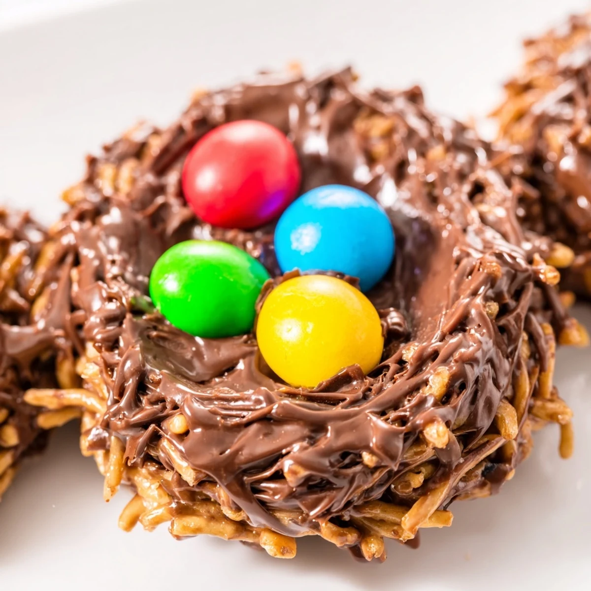A close-up of Easter Birds Nest Cookies with Peanut Butter and Chocolate, showing crunchy noodles and pastel candy eggs.