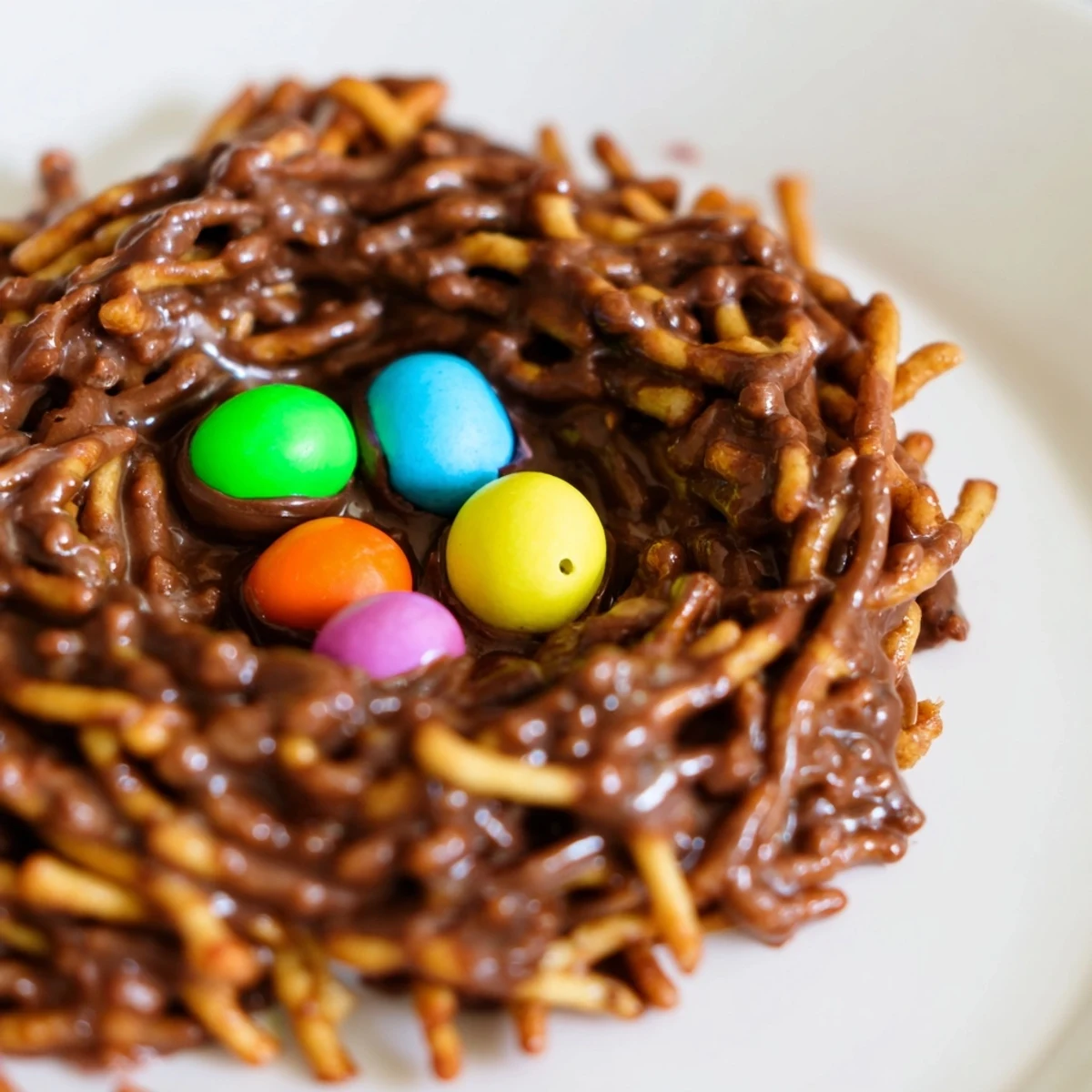 Easter Birds Nest Cookies with Peanut Butter and Chocolate served on a marble counter with soft spring light.
