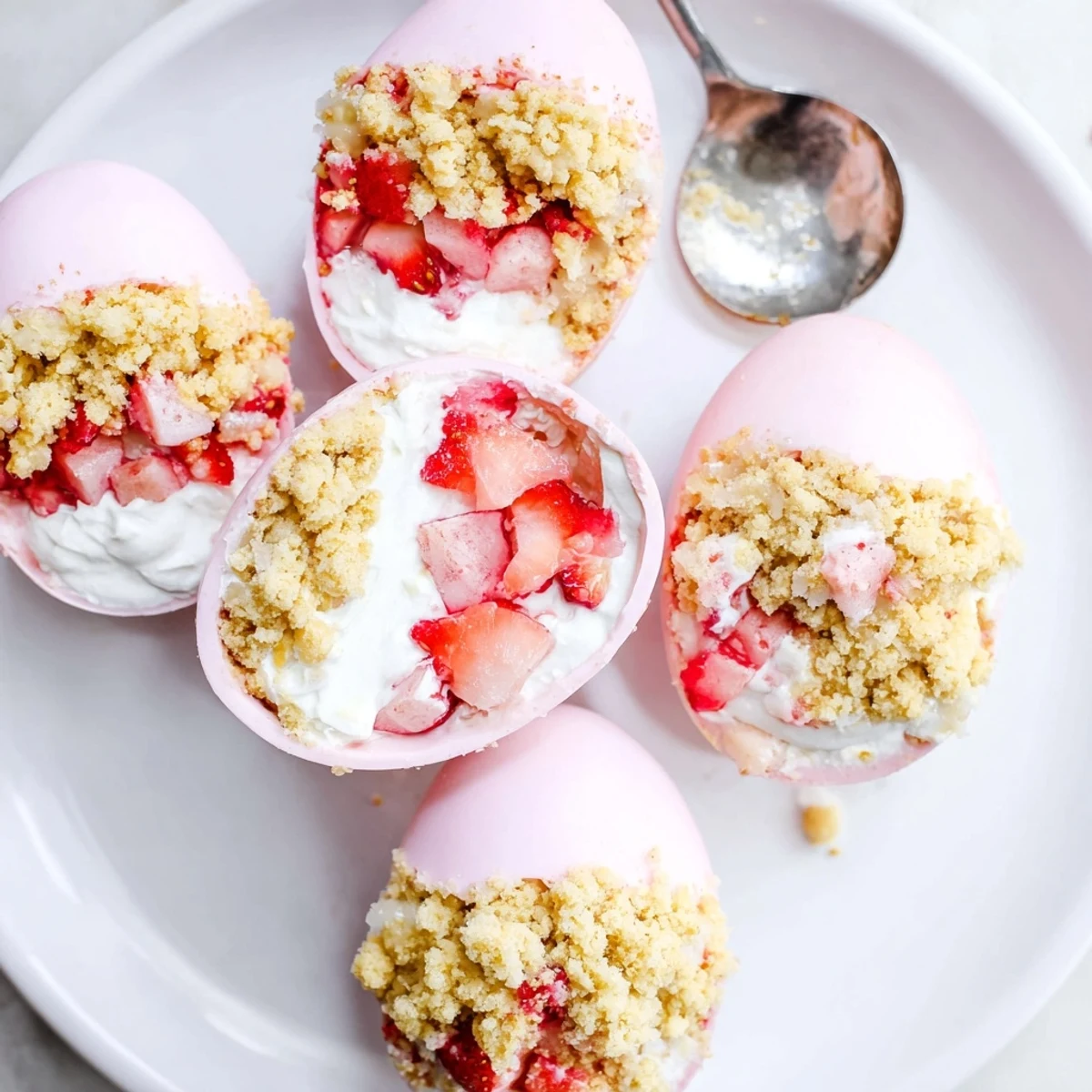 A close-up of Strawberry Shortcake Easter Egg Bombs with a shiny white chocolate shell and pastel sprinkles on a pastel plate.