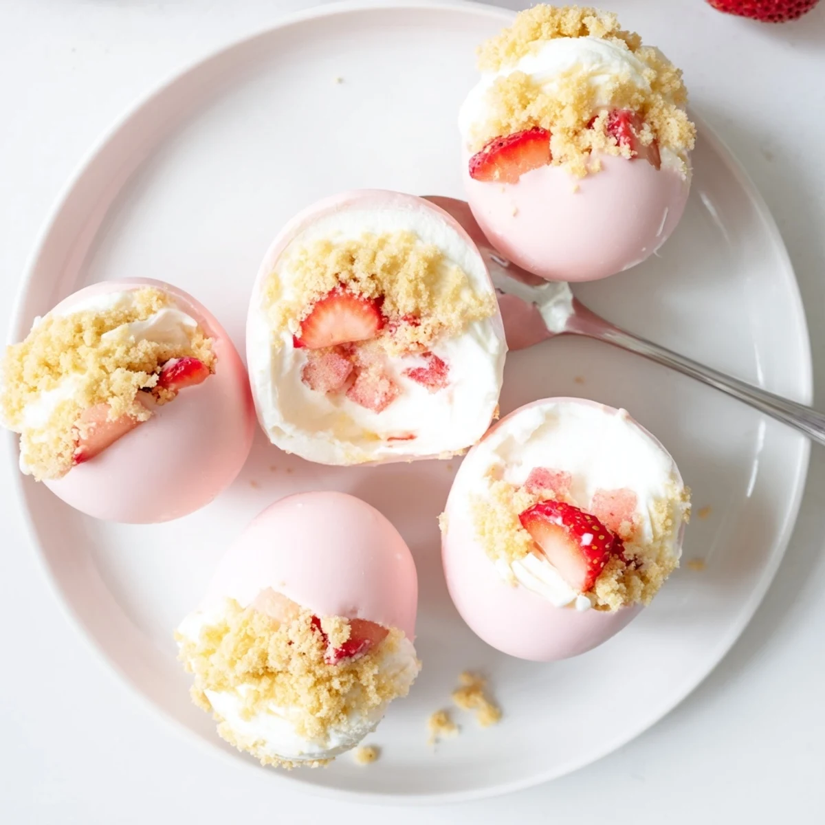 A hand holding a cut-open Strawberry Shortcake Easter Egg Bomb revealing layers of fluffy shortcake crumbs and fresh strawberry filling.