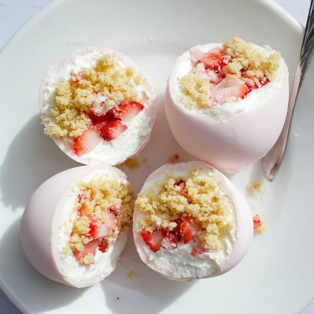 Strawberry Shortcake Easter Egg Bombs arranged in an Easter basket with whipped cream dollops and a spring flower garnish.