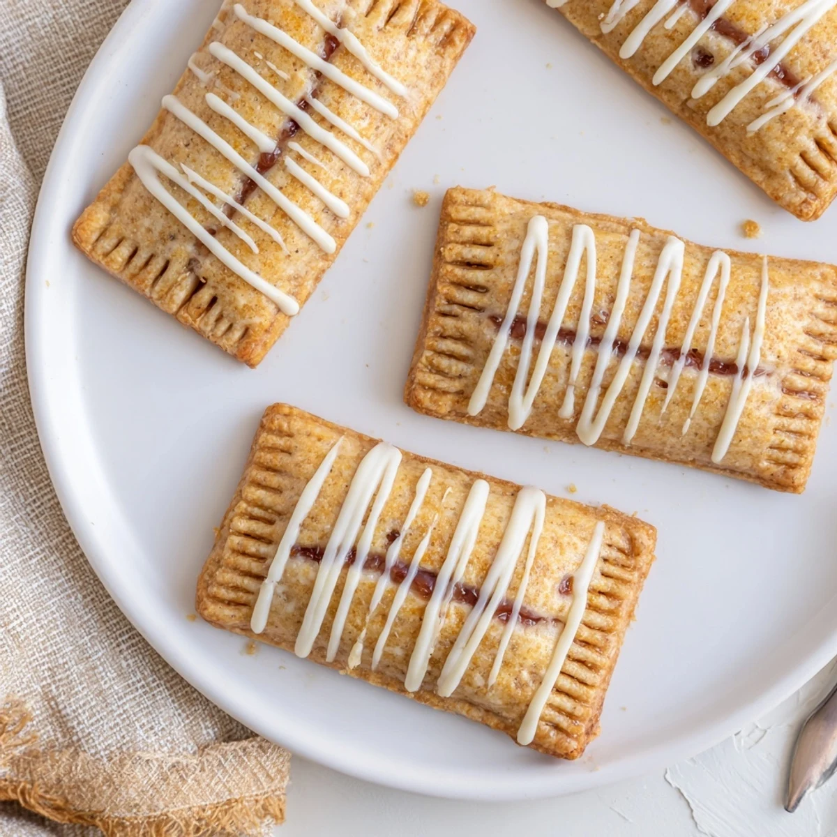 Six freshly baked Protein Pop Tarts are arranged on a white plate, ready for a nutritious breakfast snack.