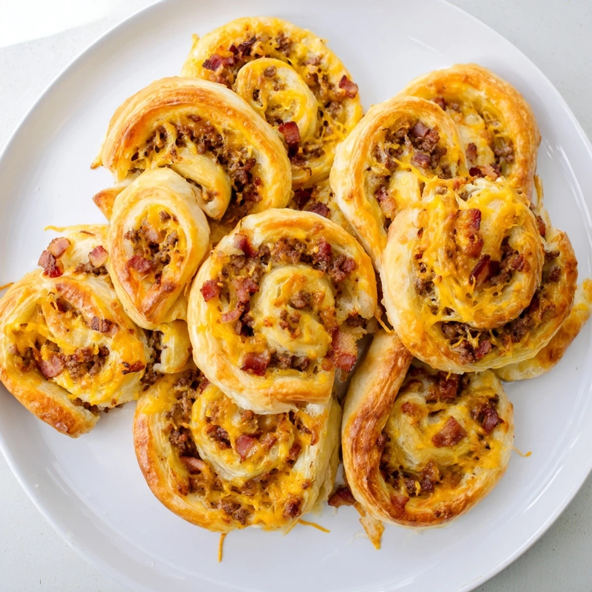 Golden-brown Cheesy Bacon Burger Rollups Puff Pastry Appetizer arranged on a rustic wooden board, ready for a party platter.