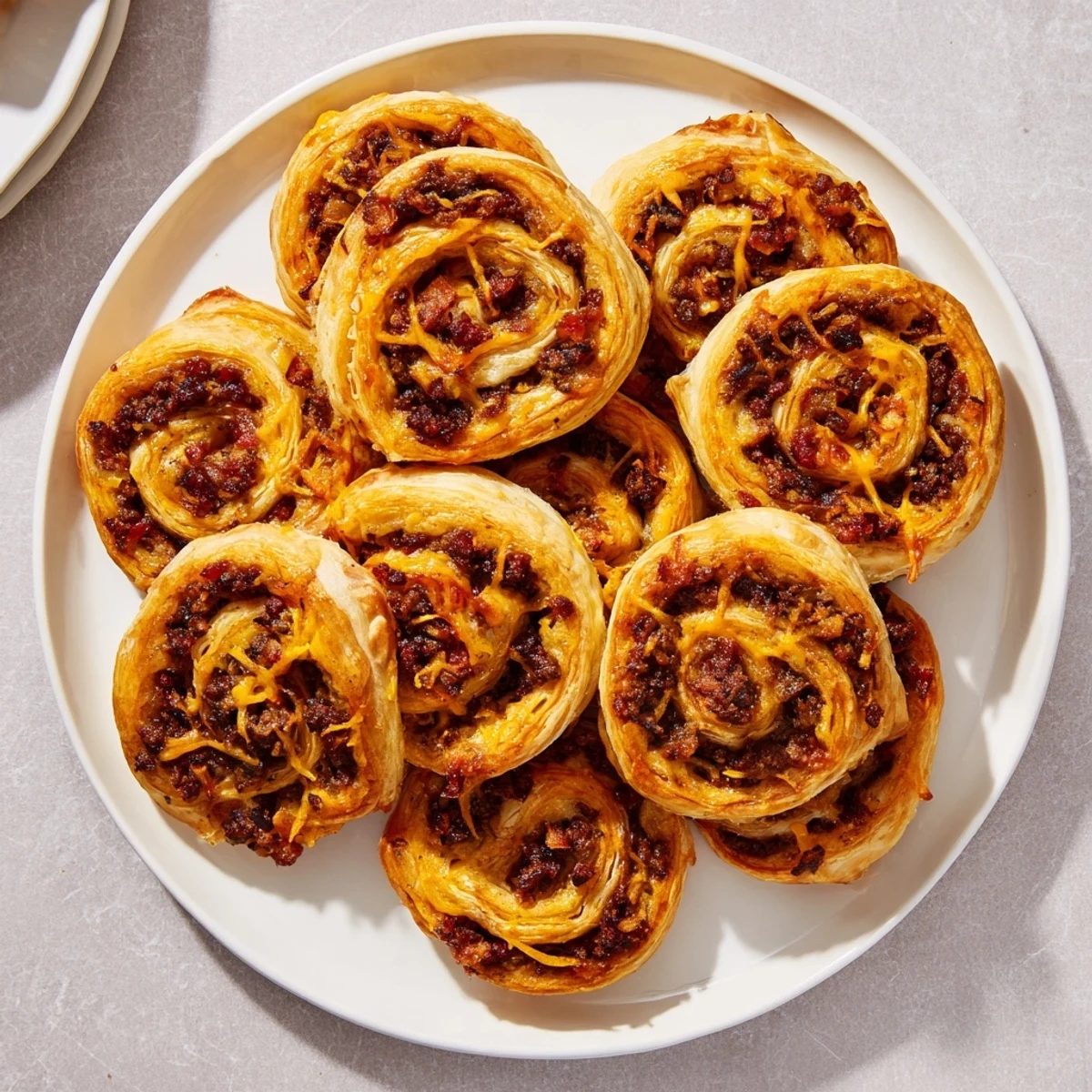 A close-up view of a halved Cheesy Bacon Burger Rollups Puff Pastry Appetizer revealing melted cheddar and savory beef filling.