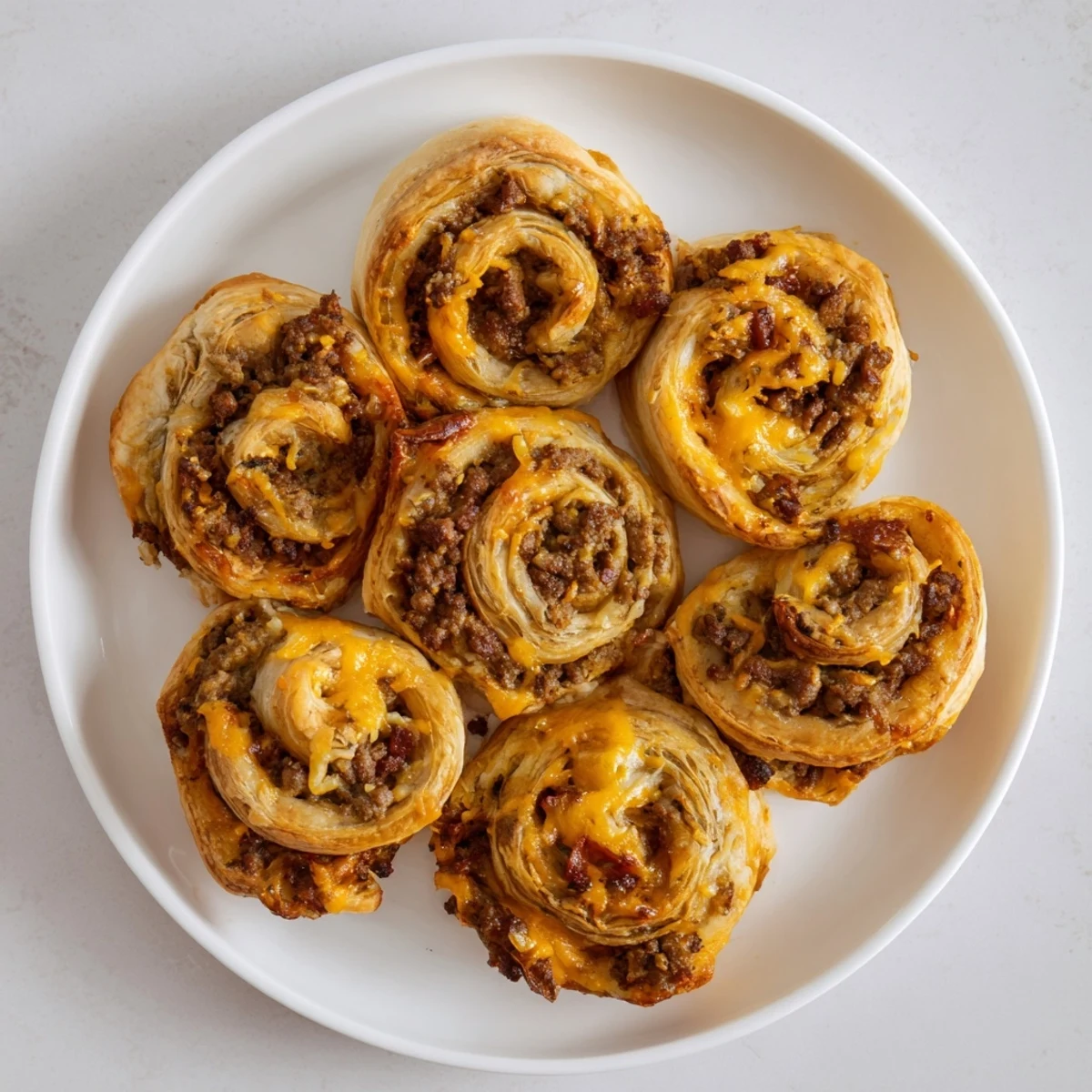 Freshly baked Cheesy Bacon Burger Rollups Puff Pastry Appetizer served warm on a white plate with a side of ketchup dip.
