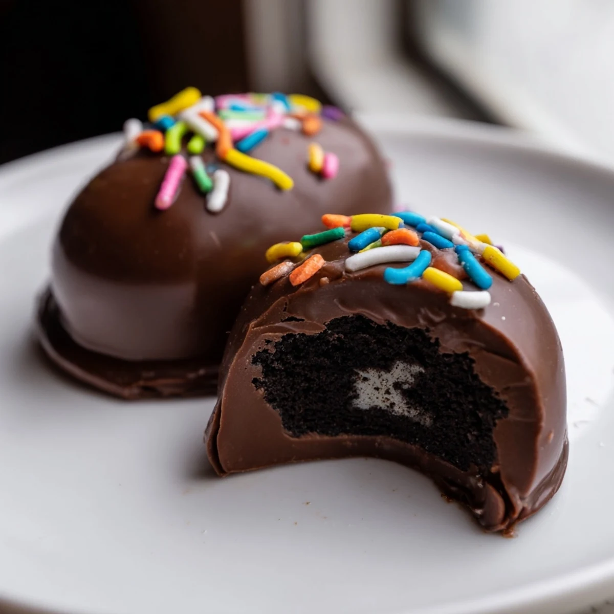 Freshly dipped Easter Egg Oreo Balls on a pastel plate, showcasing a smooth chocolate shell and festive spring sprinkles.