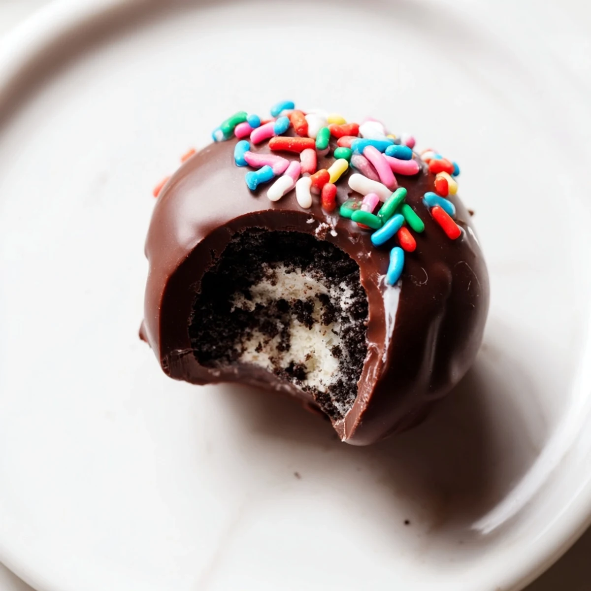 Close-up view of creamy Easter Egg Oreo Balls, revealing a rich Oreo and cream cheese center on a marble surface.