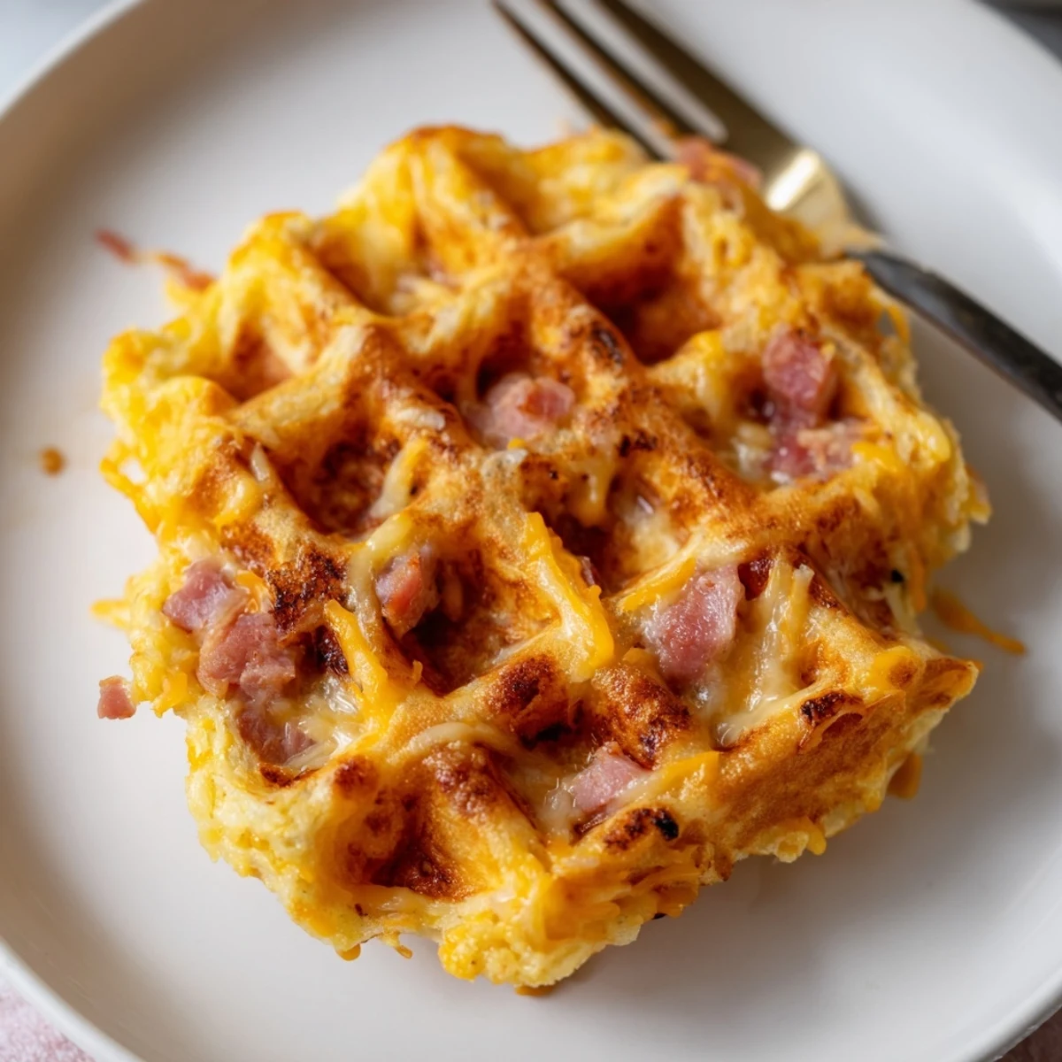 A close-up of one open-faced Ham and Cheese Chaffle shows melted cheddar and diced ham inside the waffle pockets.