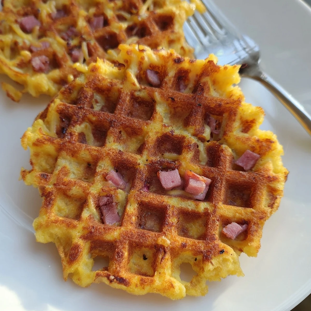 Golden crispy Ham and Cheese Chaffles rest on a cooling rack next to a small bowl of sour cream dip.