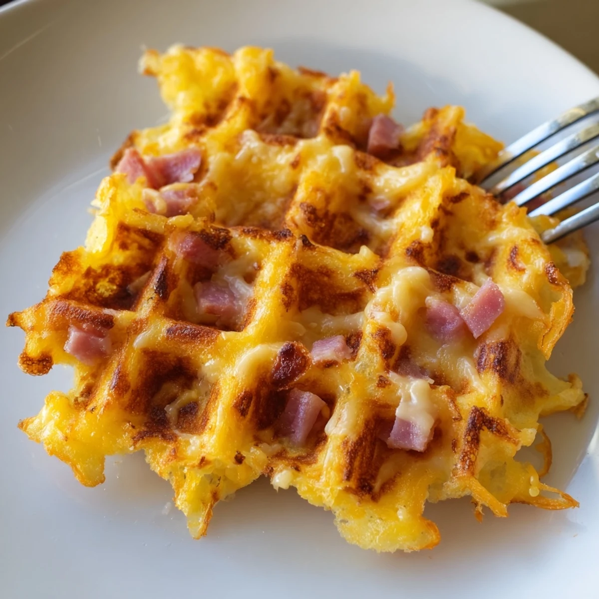 A plate of two warm Ham and Cheese Chaffles beside fresh chives and a cup of coffee for breakfast.