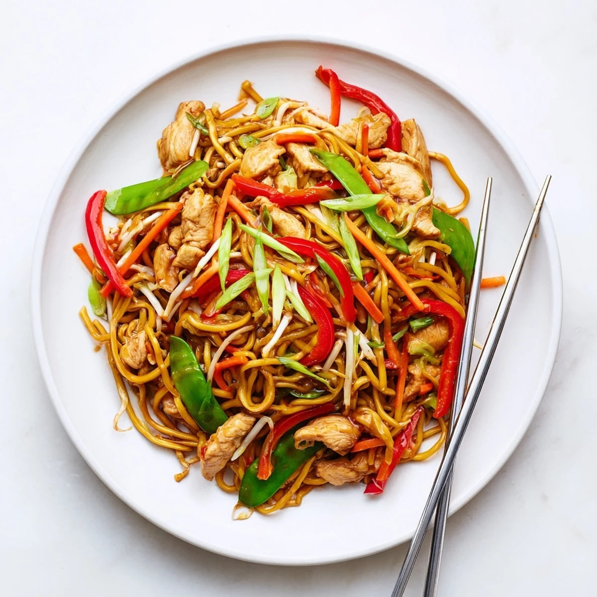 Close-up of classic Chicken Chow Mein with glossy noodles, crisp bean sprouts, and fresh scallions, ready to serve.
