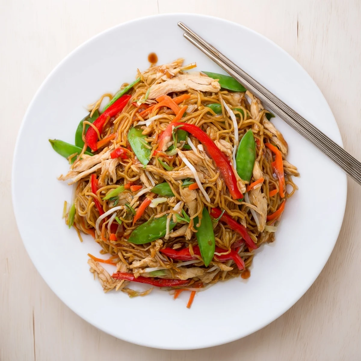 Steaming bowl of homemade Chicken Chow Mein, featuring tender chicken and colorful stir-fried vegetables in a savory sauce.