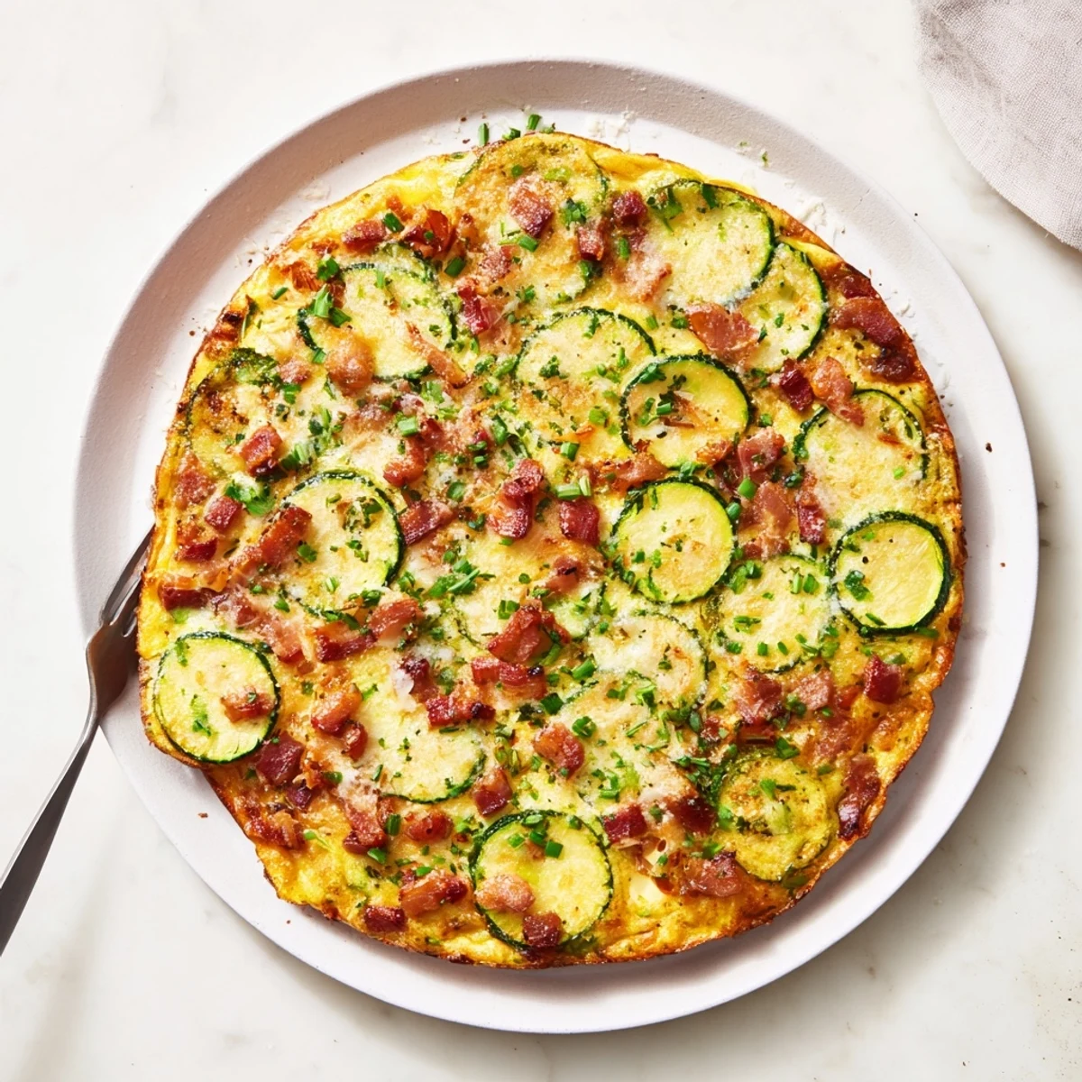 A close-up of a freshly baked Zucchini Herb and Pancetta Frittata in a cast iron skillet, featuring golden-brown eggs with visible flecks of parsley and chives.
