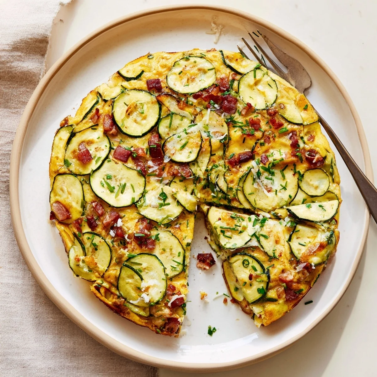 The savory Zucchini Herb and Pancetta Frittata is sliced into wedges on a white plate, showing layers of tender zucchini and crispy pancetta pieces.