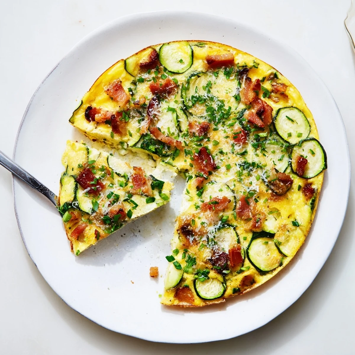 Overhead view of the Zucchini Herb and Pancetta Frittata garnished with fresh herbs, ready to serve alongside a rustic green salad for a healthy brunch.