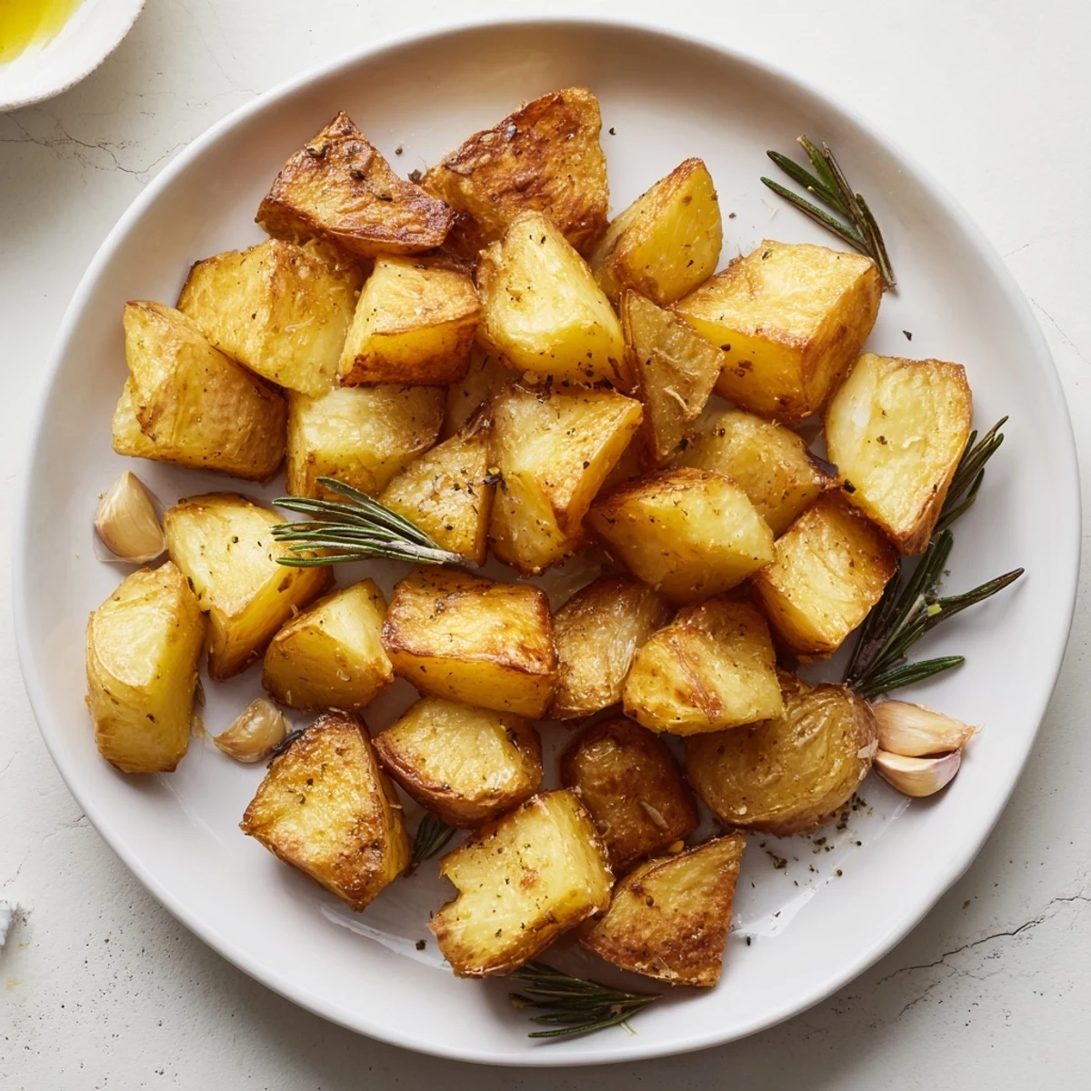 Crispy golden roast potatoes with fluffy interiors, garlic and rosemary, served as a perfect vegetarian side dish.