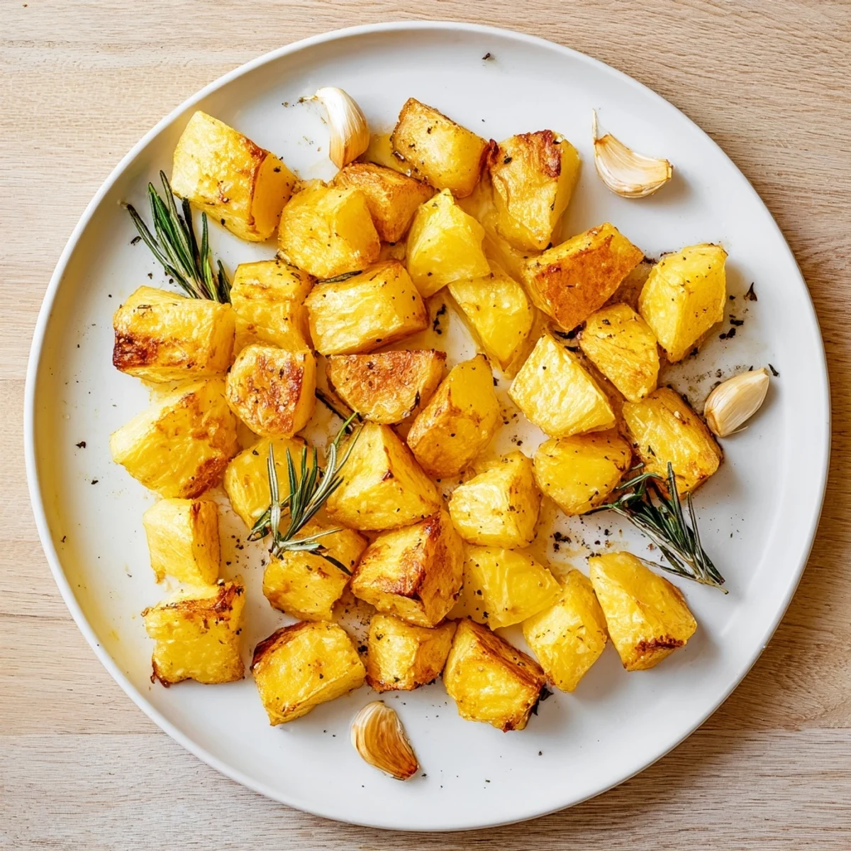 Steamed then roasted potatoes sizzling in hot oil, with herbs and garlic, ready to serve with a roast.