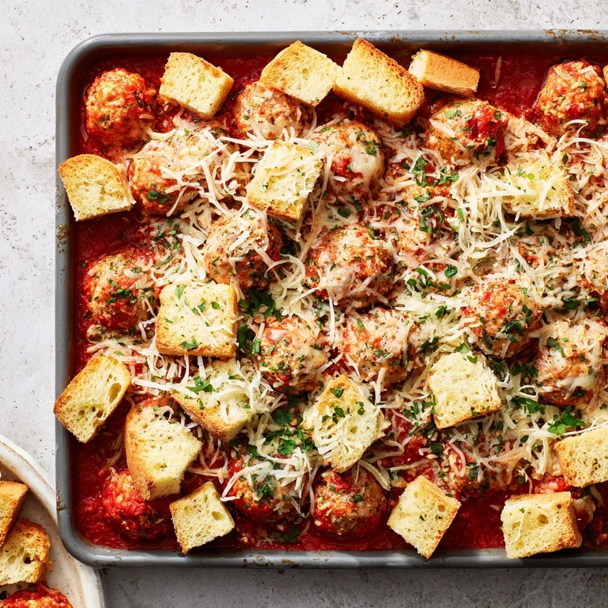 A close-up of Turkey Meatball and Garlic Bread Bake with melted mozzarella and golden bread cubes.  