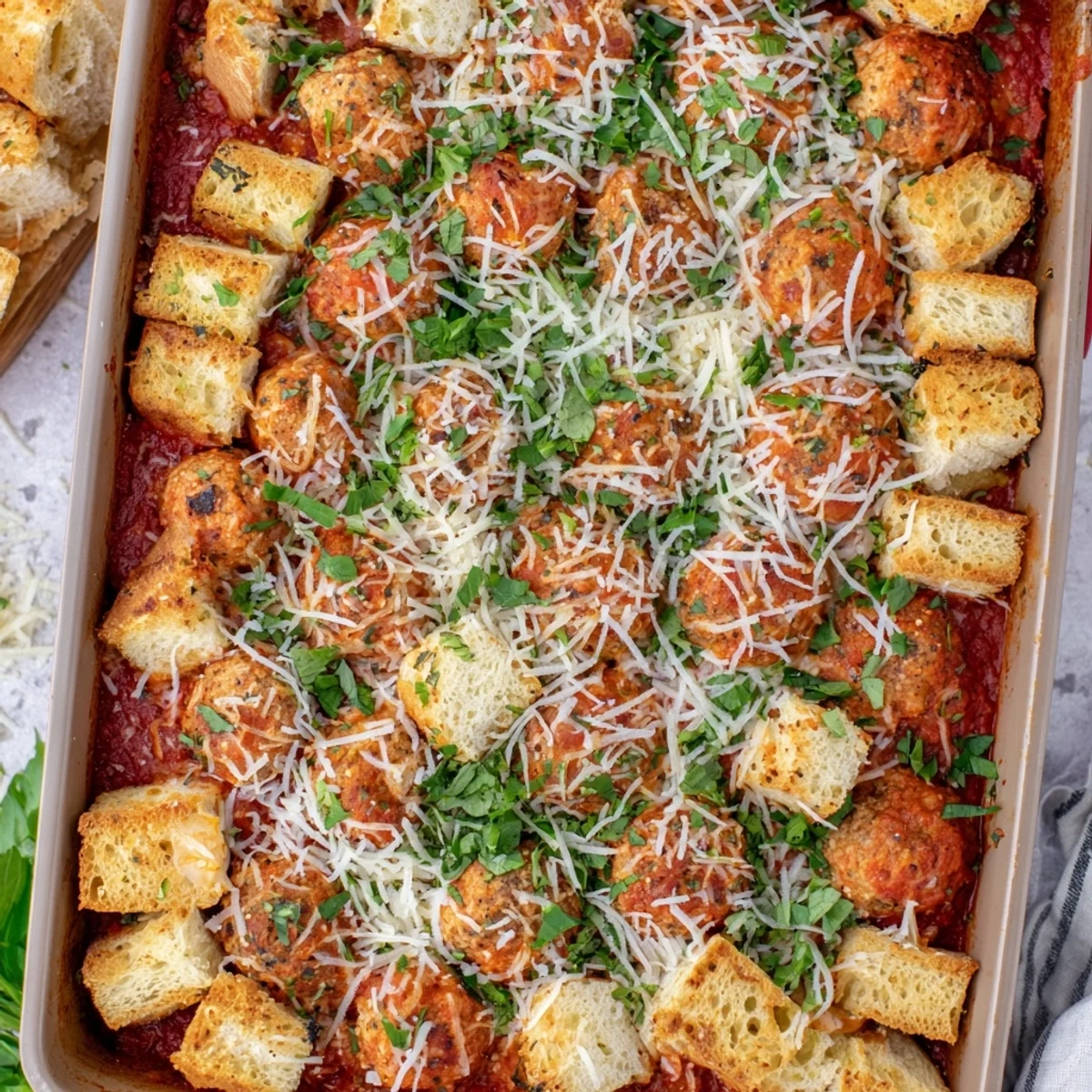 Turkey Meatball and Garlic Bread Bake served in a baking dish with bubbling tomato sauce underneath.  