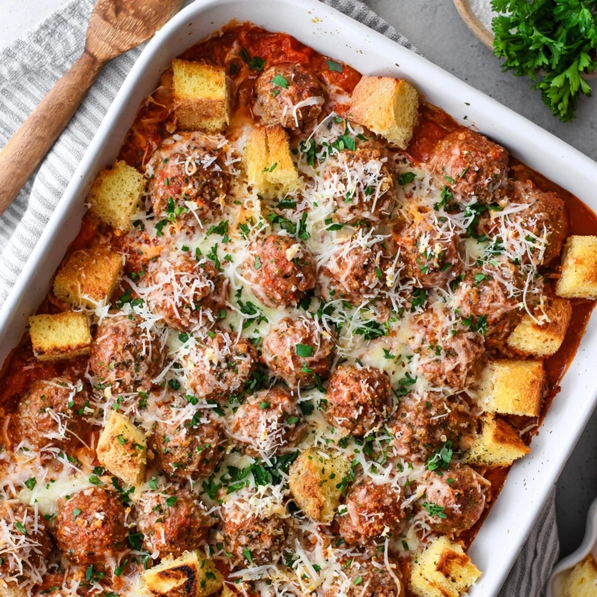 Slice of Turkey Meatball and Garlic Bread Bake showing juicy turkey meatballs and cheesy garlic bread topping.