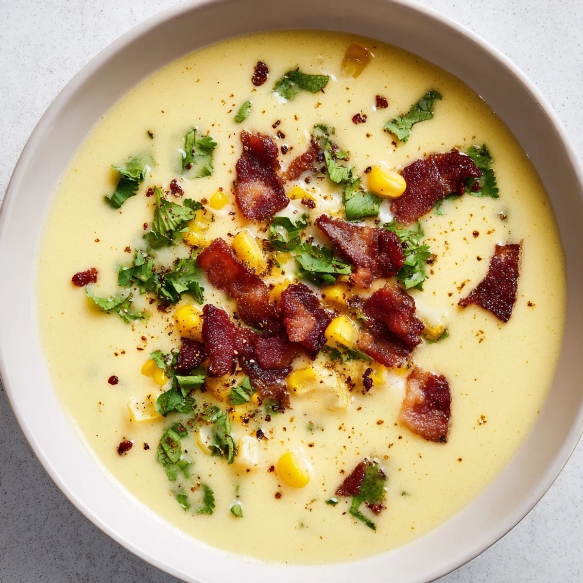 A steaming bowl of Hot Yoghurt Soup with Corn, Bacon, and Coriander garnished with fresh herbs and crispy bacon bits.