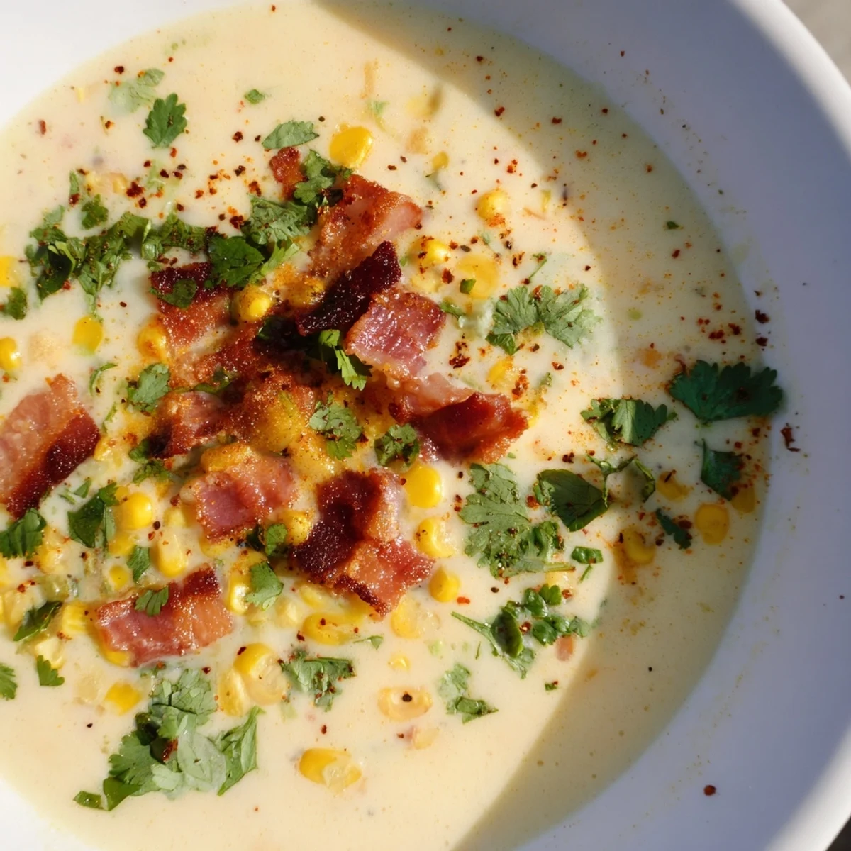 Golden creamy Hot Yoghurt Soup with Corn, Bacon, and Coriander served in a rustic ceramic bowl near crusty bread.