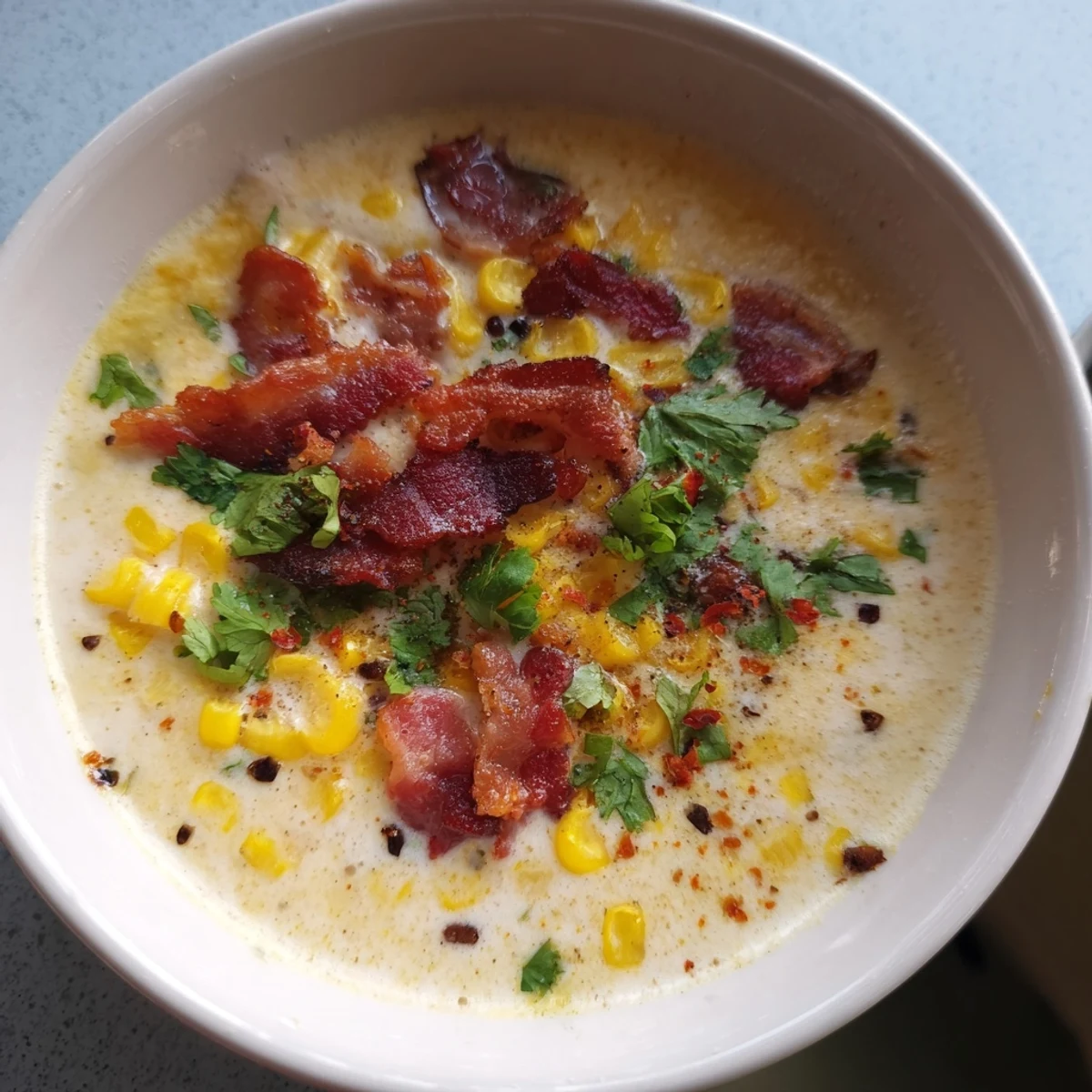 A close-up of Hot Yoghurt Soup with Corn, Bacon, and Coriander featuring sweet corn kernels and savory bacon garnish.