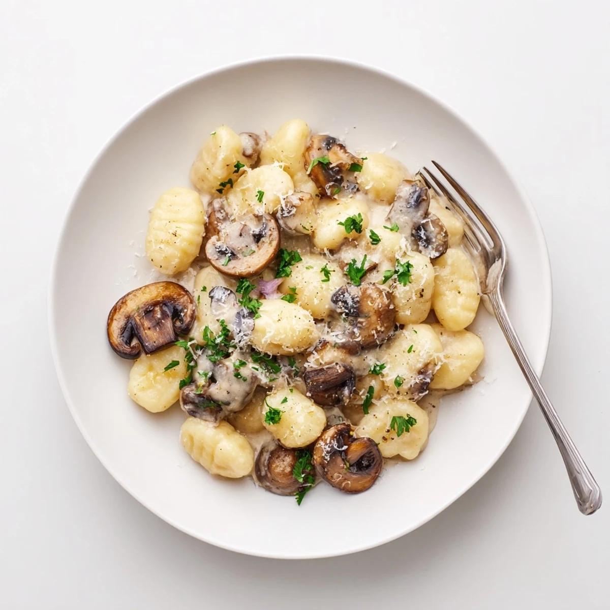 Silky Creamy Mushroom Gnocchi with garlic and herbs in a skillet, steam rising for a cozy dinner.