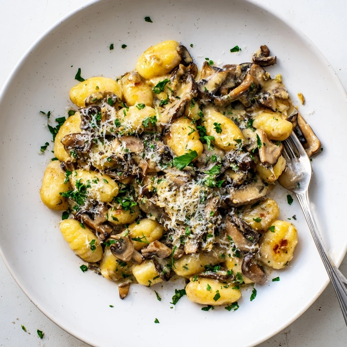 Golden-brown sautéed mushrooms and tender gnocchi coated in a rich, creamy sauce ready to serve.