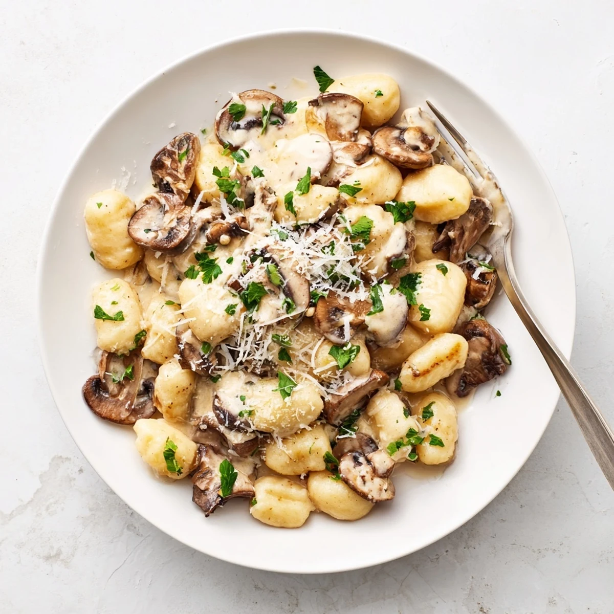 Close-up of Creamy Mushroom Gnocchi topped with parsley and Parmesan, perfect for a vegetarian weeknight meal.